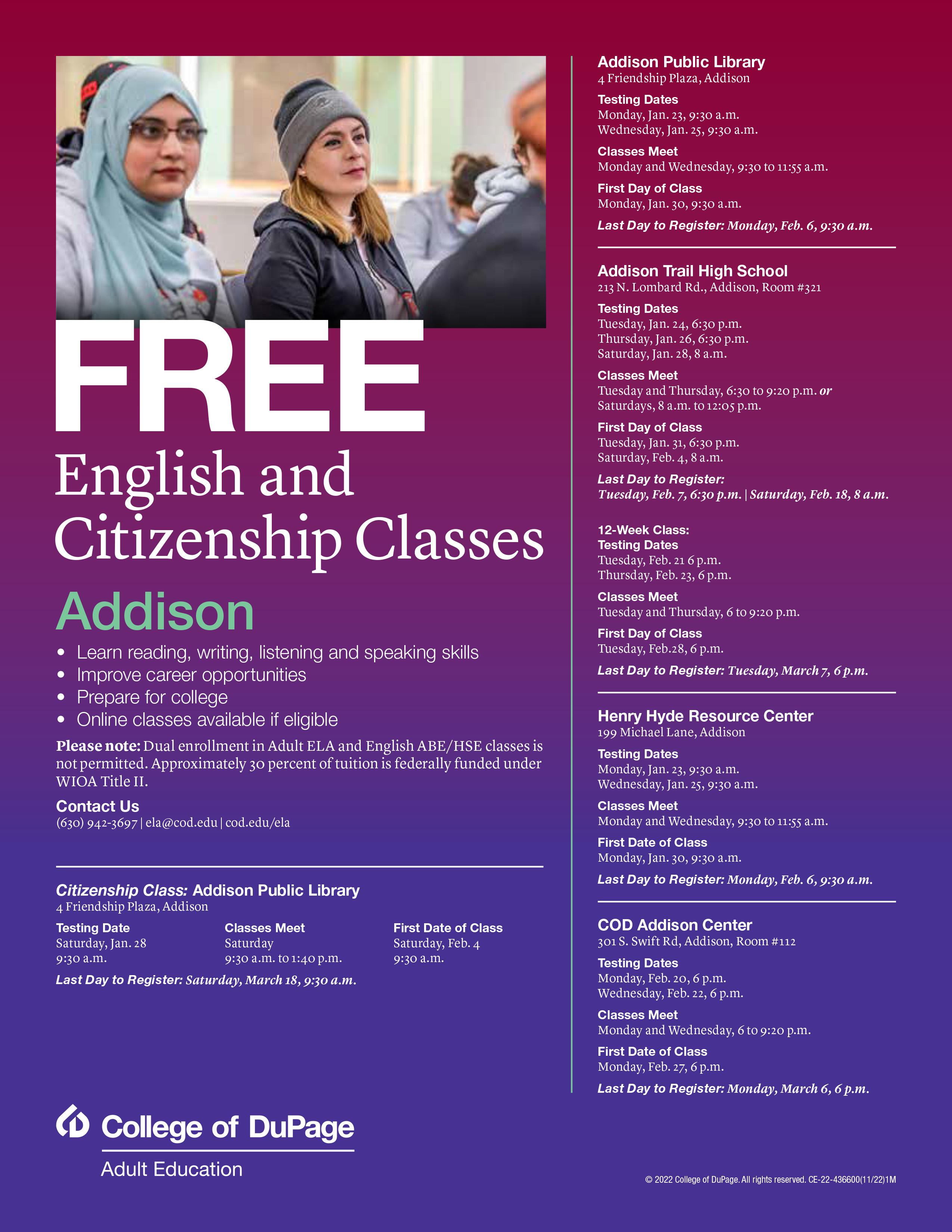 English and citizenship classes offered this winter in Addison
