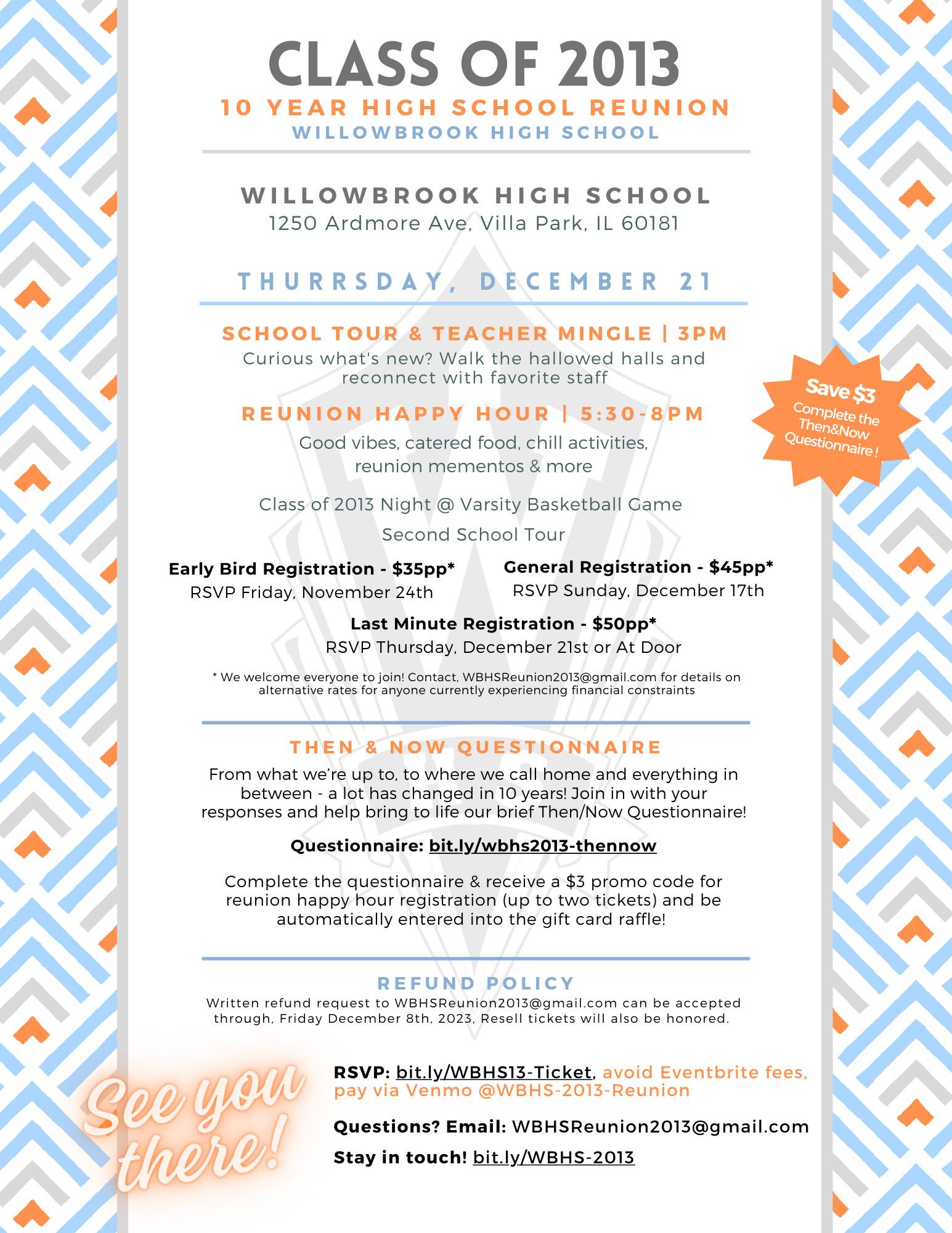 Save the date for the Willowbrook class of 2013 10-year reunion 
