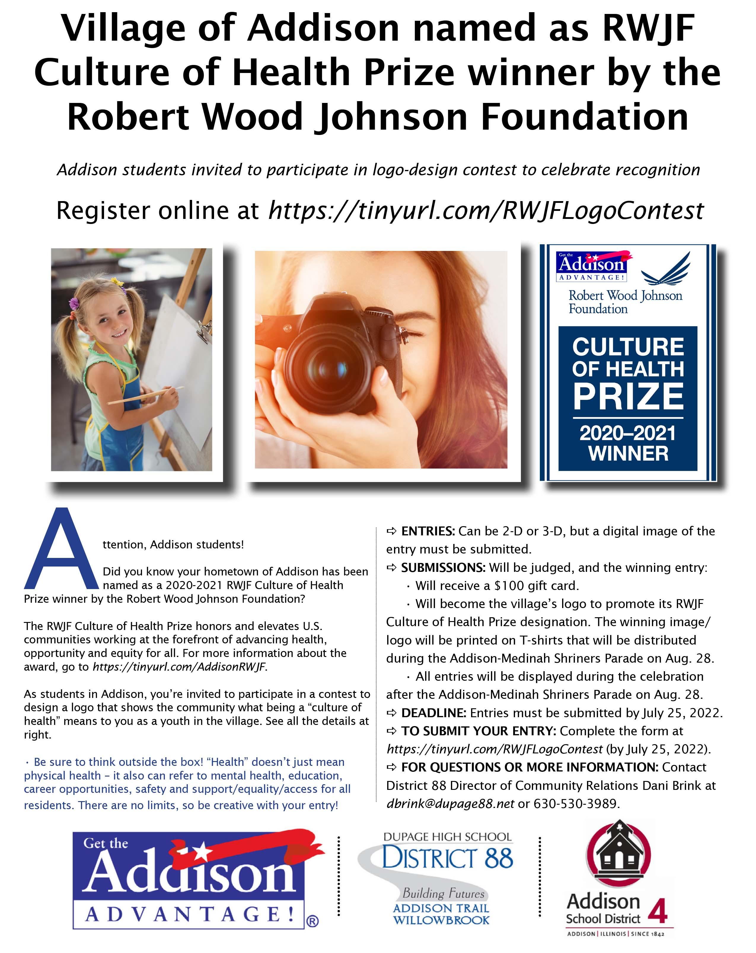 Village of Addison named as RWJF Culture of Health Prize winner by the Robert Wood Johnson Foundation: Addison students invited to participate in logo-design contest to celebrate recognition