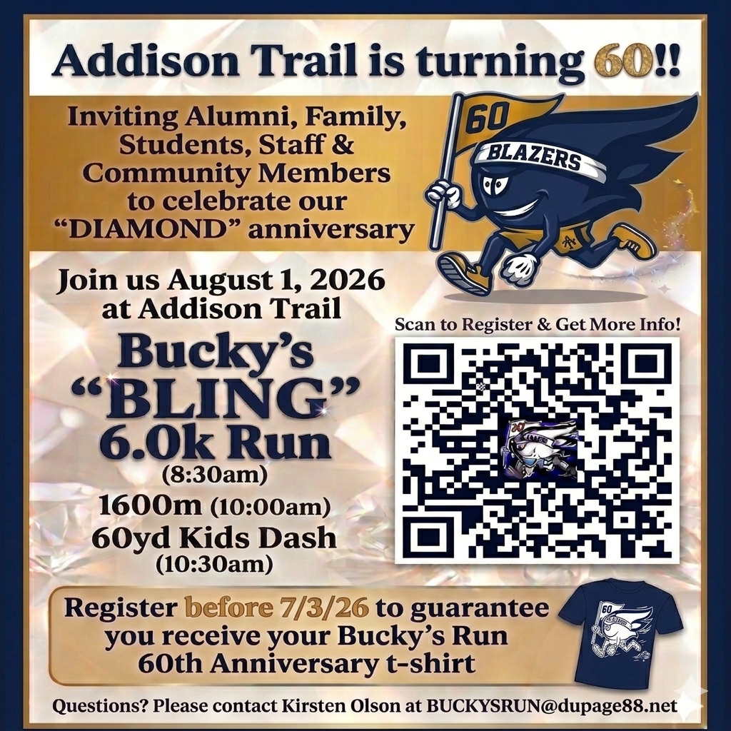 Addison Trail to host Bucky’s ‘BLING’ Run/Walk to kick off yearlong celebration of AT’s 60th anniversary 